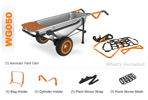 group shot of the Worx Aerocart and all the included attachments